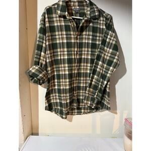 Eddie Bauer long sleeve flannel plaid shirt Green and Tan Mens Size L